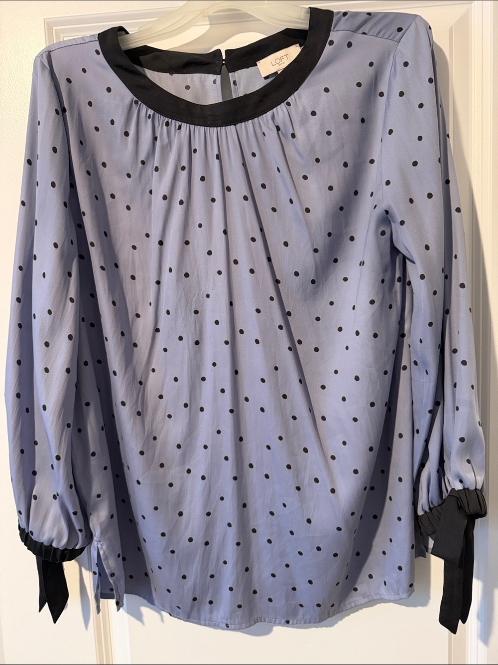 LOFT Light Lavender Blouse with Black Polka Dots and Trim